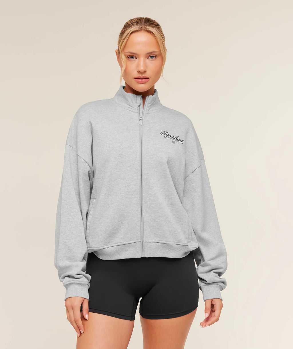 Gymshark Script Embroidery Oversized Zip Through Light Gray Core Marl