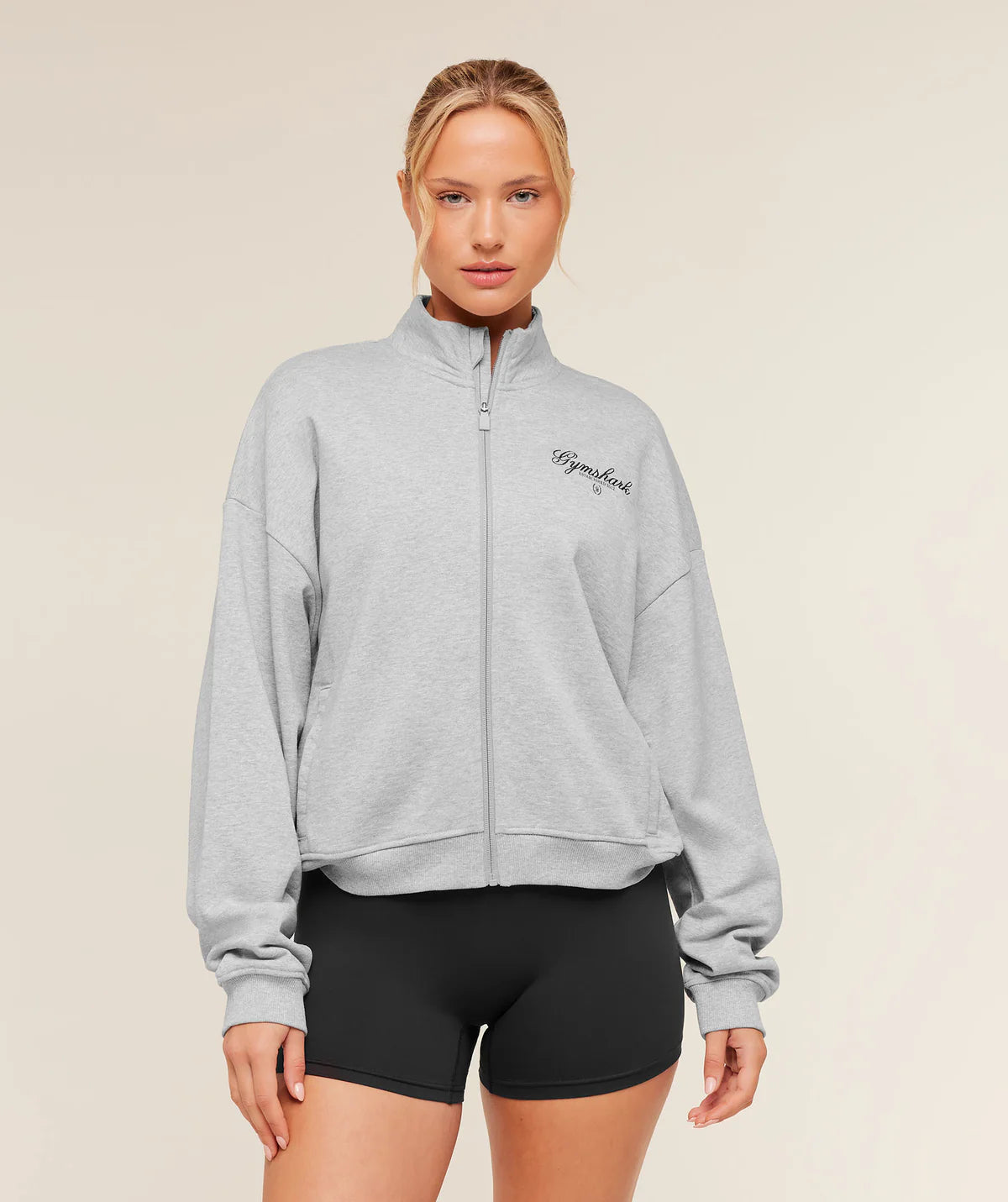 Gymshark Script Embroidery Oversized Zip Through Light Gray Core Marl