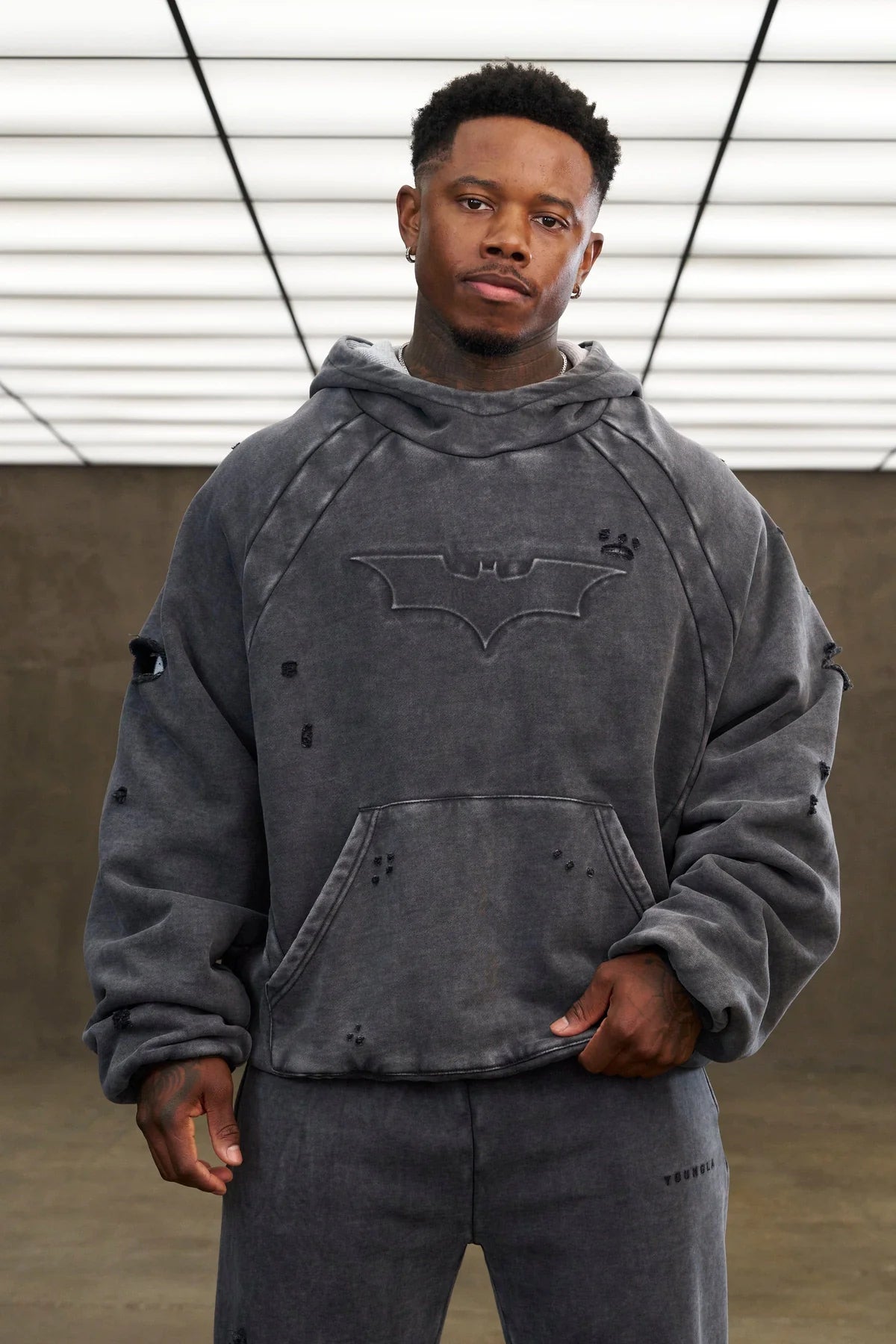 Young LA Batman Street Hoodie Grey Wash